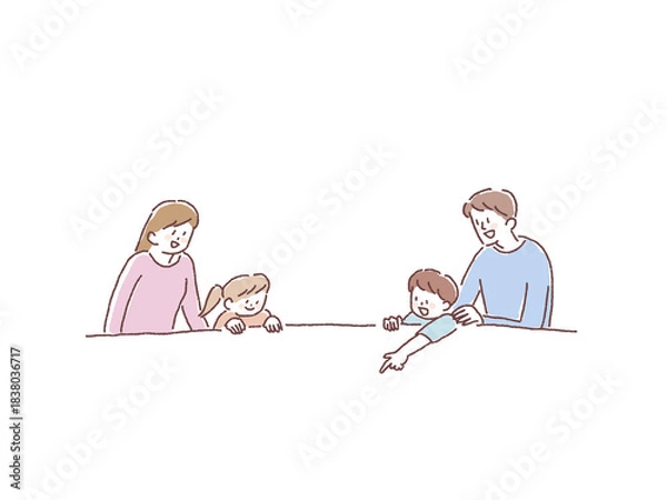 Obraz 笑顔で身を乗り出す家族（指をさす男の子）
