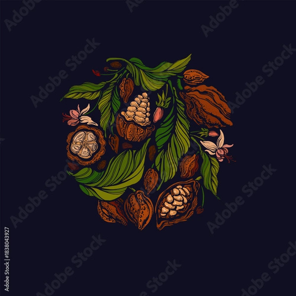 Fototapeta Cocoaб black chocolate. Tropical fruit. Nature emblem