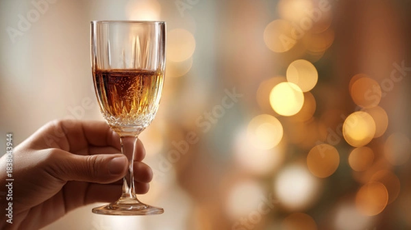 Fototapeta Close-up of a single hand extending a glass forward for a toast, soft bright backdrop with abstract bokeh, clean festive tones