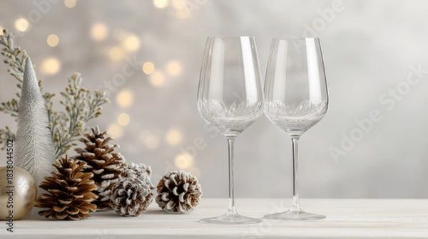 Fototapeta Glasses raised in front of a minimalistic holiday decor arrangement, bright clean palette and soft background haze
