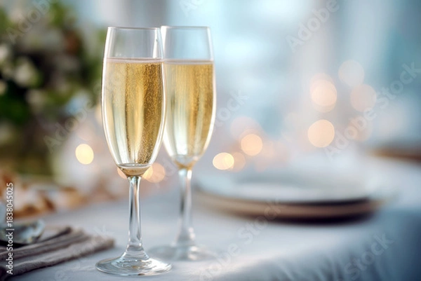 Fototapeta Modern celebration toast captured with shallow depth of field, clarity on glassware, clean light scheme, soft festive blur