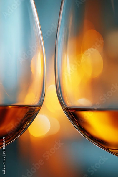Fototapeta Vertical close-up of two glasses meeting for a toast with warm soft-focus lights streaming downward in the background, clean and modern palette