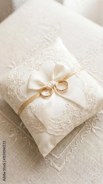 Fototapeta Ivory wedding ring pillow with lace trim and satin bow holds two gold bands on textured fabric. A classic and elegant symbol of love, commitment, and ceremony in soft, romantic tones.