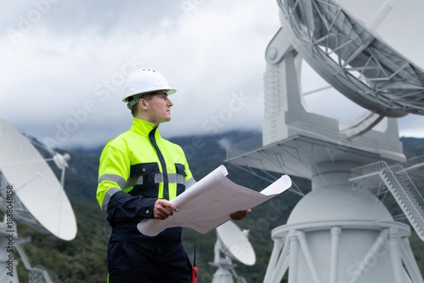 Fototapeta Engineer inspecting satellite communication and observatory systems
