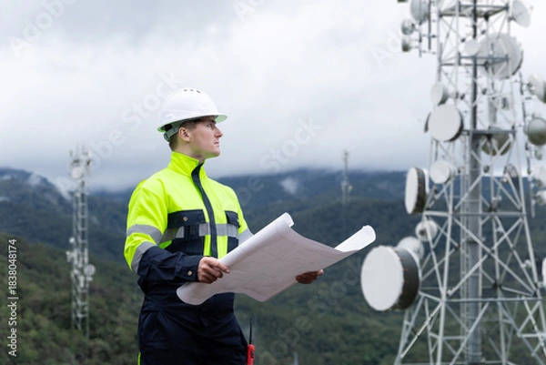 Fototapeta Engineer inspecting communication towers for 5G and 6G network deployment