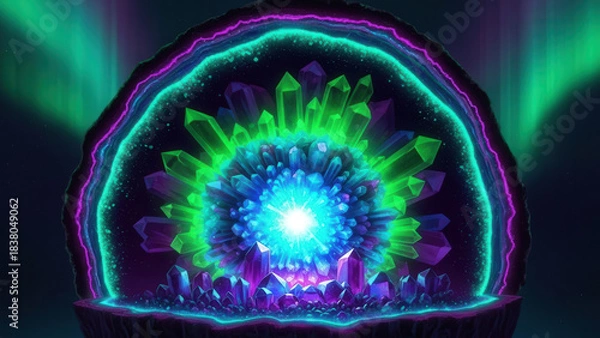 Obraz Vibrant Geode with Glowing Crystals and Aurora Borealis Lights in a Mystical, Colorful Fantasy Scene