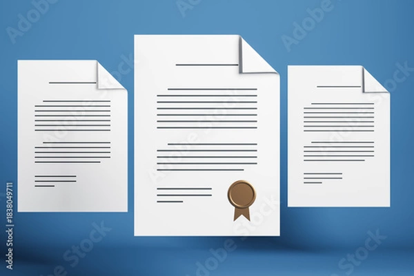 Obraz Official documents with certification seal floating on blue background representing digital document management and workflow system concept. 3D Rendering