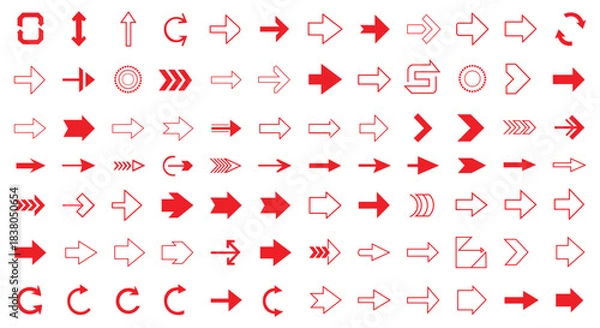 Fototapeta Arrow red vector set isolated on transparent background different shapes and styles pointer collection, navigation symbols, direction signs