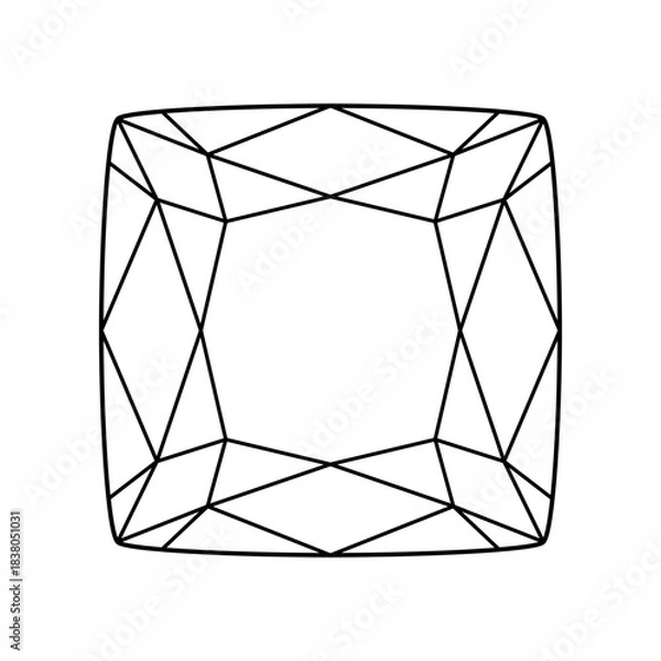 Fototapeta Cushion diamond cut shape isolated on white. Design diagram. Diamond pad shape top view. Cushion brilliant cut. Gemstone outline icon for jewellery design, branding, packaging, logo, digital graphic.