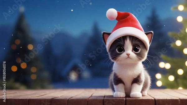 Fototapeta Christmas cat with Santa hat