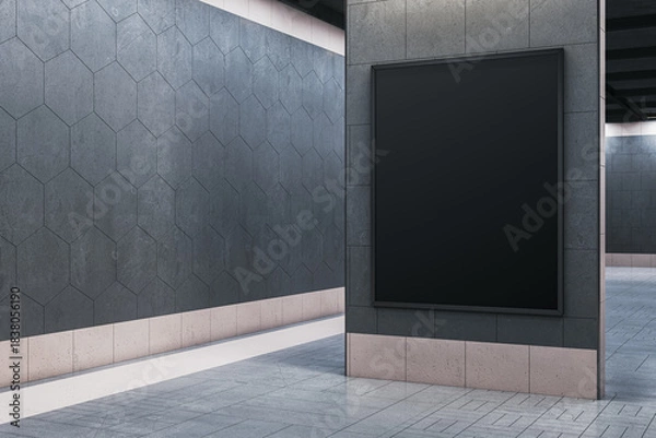 Obraz Vertical black blank poster frame on modern stone wall in clean indoor exhibition or gallery room with tiled floor and abstract background display. 3D Rendering