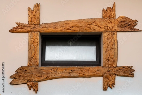 Obraz KALYAZIN, TVER region.   A wall with a window and a carved patterned trim