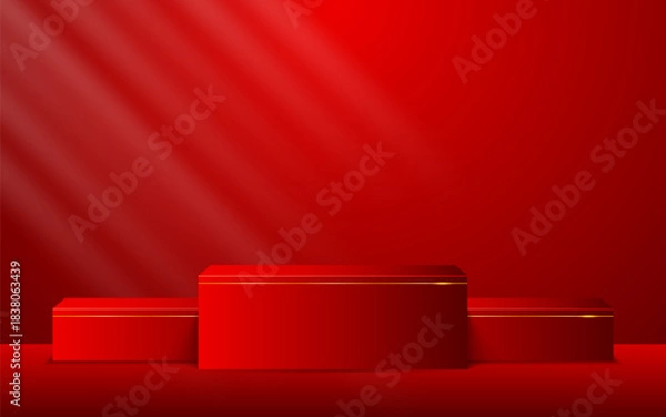 Obraz Multi-layered red podium with elegant gold lines for product presentation. Display of cosmetic products. Stage or podium. vector illustration	