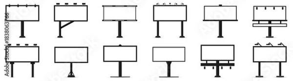 Obraz Billboard collection with multiple support structures and lighting variations. Blank frames ready for advertisement placement