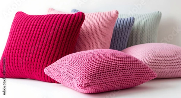 Obraz Assorted knitted floor cushions in pink and blue hues
