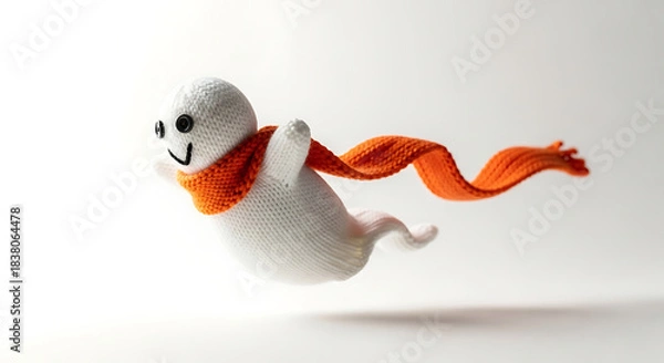 Obraz Knitted white ghost with orange scarf flying image