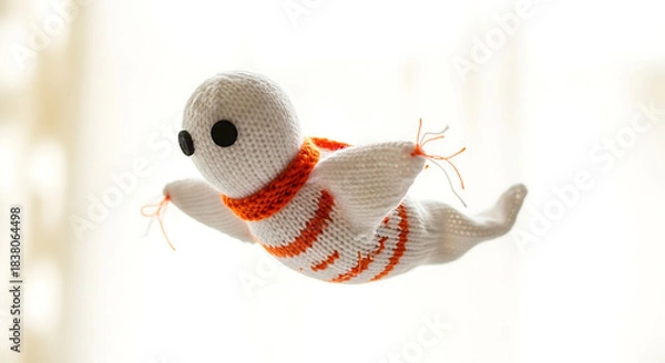 Obraz Knitted white ghost with orange stripes and scarf image