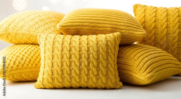 Obraz Stack of yellow knitted cable knit throw pillows image