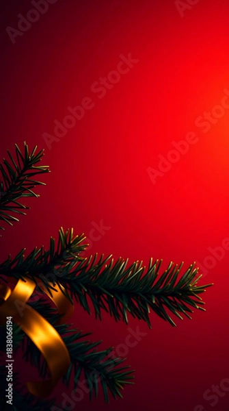 Obraz Warm Red Christmas Background With Pine Branches and Gold Ribbon, Elegant Holiday Banner for Text. Merry Christmas, New Year and Happy Holidays greeting card, frame, banner With Copy Space.