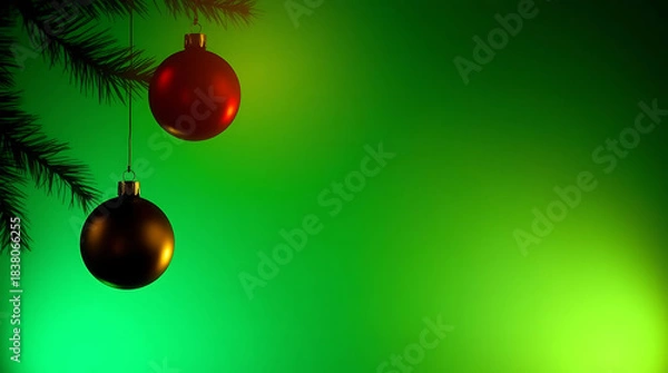 Fototapeta Deep Green Gradient Christmas Background With Shiny Baubles in the corner, smooth gradient. Social Media Template With Copy Space.Merry Christmas, New Year, Happy Holidays greeting card, frame, banner