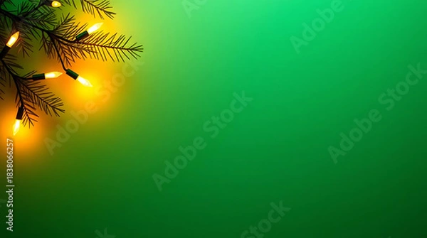 Fototapeta Vintage Green Christmas Background With  Fairy lights softly hanging from one corner. Classic Holiday Card Backdrop With Empty Space for Text. Merry Christmas, New Year greeting card, frame, banner