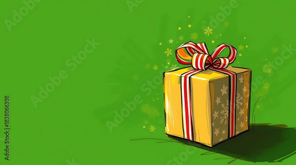 Obraz Painterly Christmas Illustration With Gift Box on Green  Background With Text Space and Snowflakes. Merry Christmas, New Year and Happy Holidays greeting card, frame, banner With Copy Space.