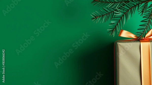 Obraz Retro-Style Deep Green Christmas Background With Pine Branch and wrapped gift box. Merry Christmas, New Year and Happy Holidays greeting card, frame, banner With Copy Space. 