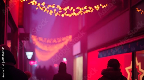 Obraz Dreamy Christmas Street Scene With Festive Lights, Cozy Holiday Background. Merry Christmas, New Year and Happy Holidays greeting card, frame, banner. 