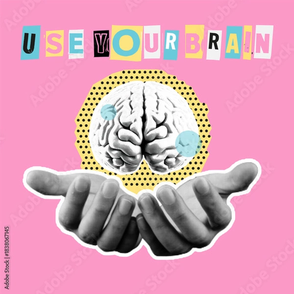 Fototapeta Pop art collage of human brain held by hands with playful cutout letters and halftone elements on pink background, symbolizing creativity, intelligence and mental power.