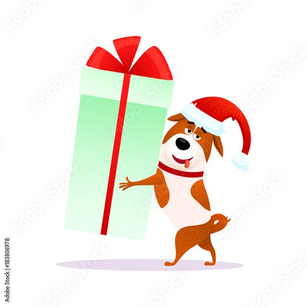 Fototapeta Funny cartoon dog with Xmas gift in its hands. Flat character in Santa Claus hat for Christmas or New Year 2018. Puppy Terrier hugs present isolated on white background. Christmas vector illustration.
