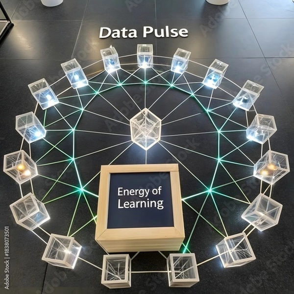 Fototapeta Radial Network of Transparent Cubes Displaying Data Pulse
