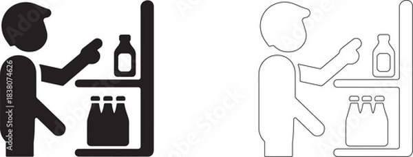 Obraz Man points to a bottle on a shelf. Editable vector icon.