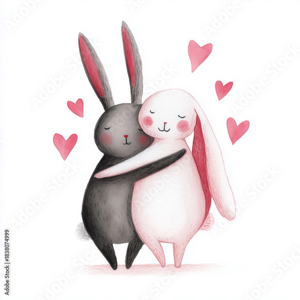 Fototapeta Rabbits hug and share affection with hearts in a simple and cute illustration