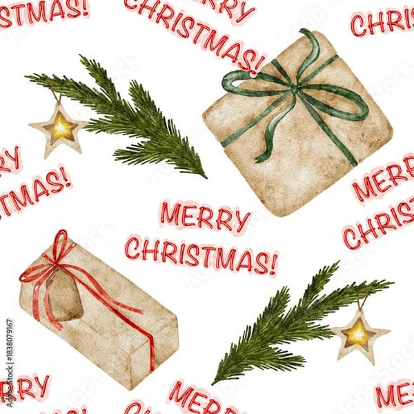 Fototapeta Merry christmas watercolor presents and tree branches seamless pattern.