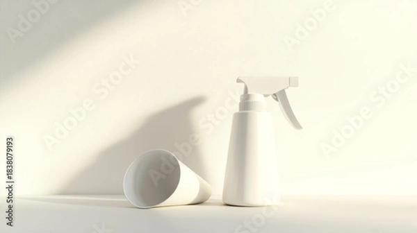 Fototapeta Cleaning spray bottle positioned next to a tipped-over child's cup on a neutral background, showcasing a minimalist and serene cleaning scene