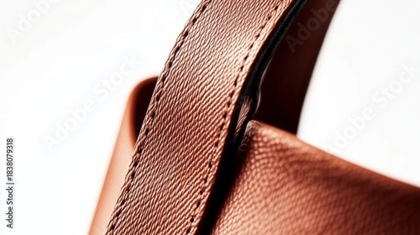 Fototapeta Close-up of textured handbag strap against smooth white background, showcasing the intricate details and craftsmanship of the leather material