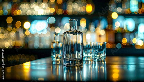Fototapeta Liquor Bottle and Glass on Bar with Bokeh Background