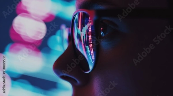 Fototapeta Digital trading charts reflected in lenses of glasses, showcasing vibrant neon colors and financial data in a futuristic and dynamic environment