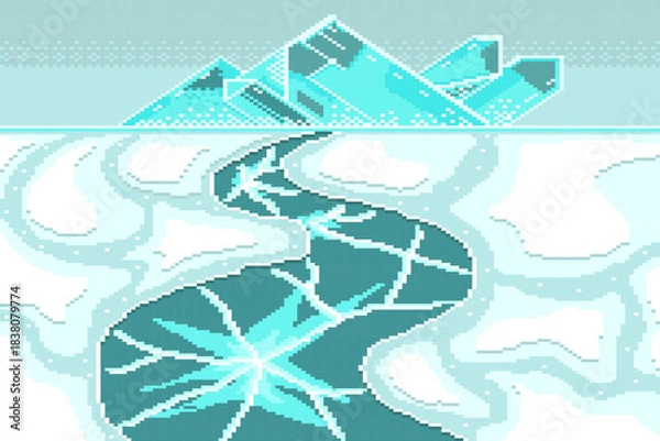 Obraz Crystal and frost fractures with textures cracked floor in ice world aesthetics, Winter snow landscape pixel.