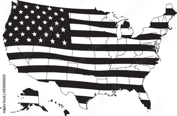 Fototapeta United States Map Silhouette with American Flag Stripes and Stars vector illustration