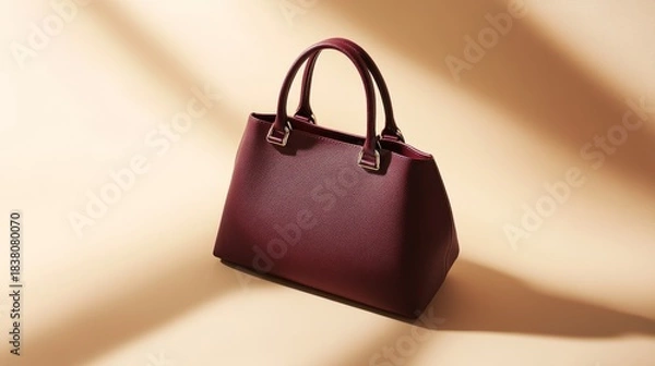 Fototapeta Front facing women's leather handbag in rich burgundy color on light neutral background, showcasing elegant design and luxurious texture for fashion enthusiasts