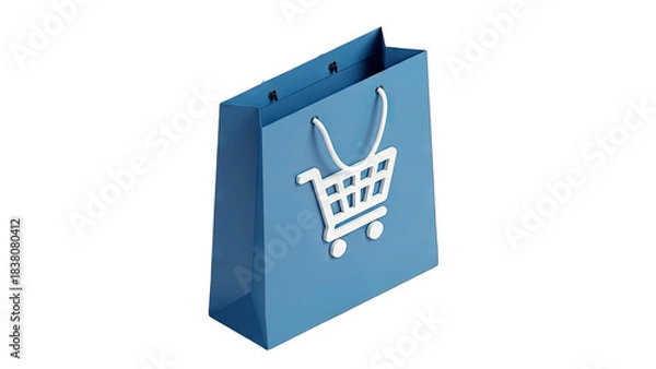 Obraz Blue Shopping Bag with Cart Icon on White Background