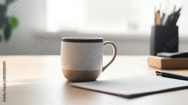 Fototapeta Organized morning routine checklist on paper beside a ceramic cup on a wooden table, creating a serene workspace atmosphere for productivity