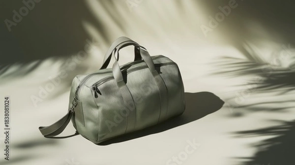 Fototapeta Weekend bag positioned on a neutral backdrop with subtle shadow, showcasing elegant design and soft textures for stylish travel and leisure