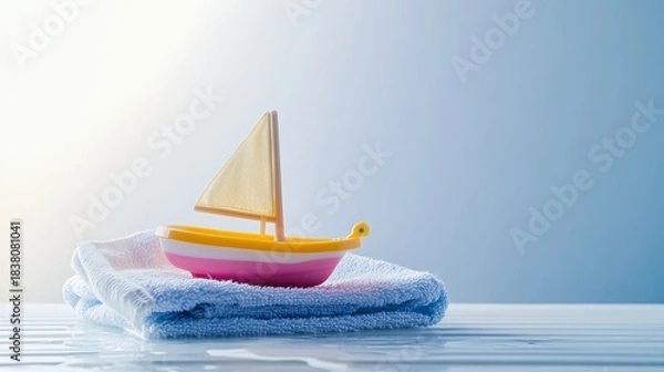 Fototapeta Toy boat resting on a soft wet towel, symbolizing water safety and playfulness, with a serene background and gentle lighting enhancing the scene
