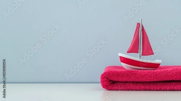 Fototapeta Toy boat resting on a vibrant wet towel, symbolizing water safety and playfulness, with a soft background creating a calming atmosphere