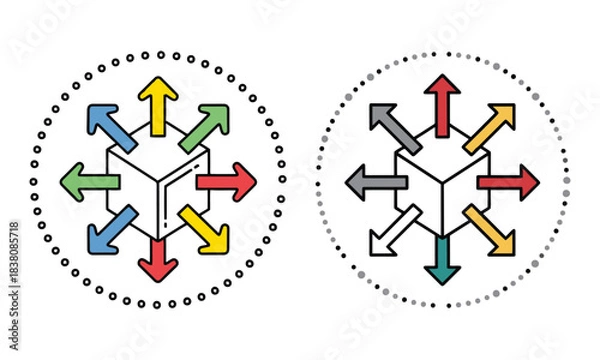 Fototapeta Colorful and monochromatic multi-directional arrows on cubes within circles