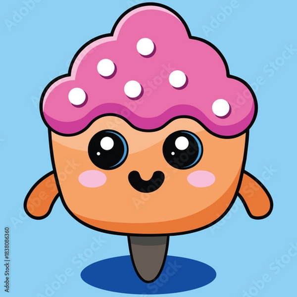 Fototapeta Adorable kawaii popsicle character with pink frosting and big sparkling eyes on blue