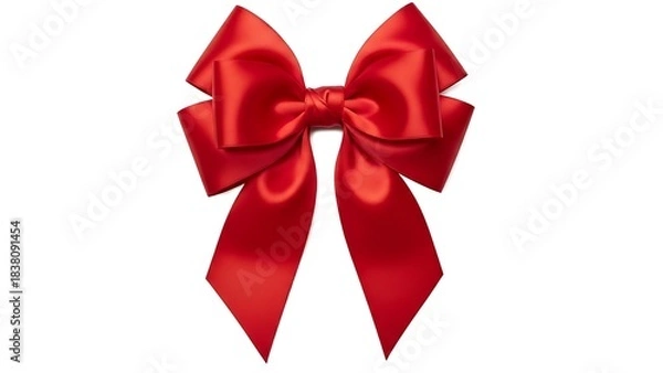 Obraz A large, luxurious, deep red satin gift bow with elegant folds, isolated on a pure white background.