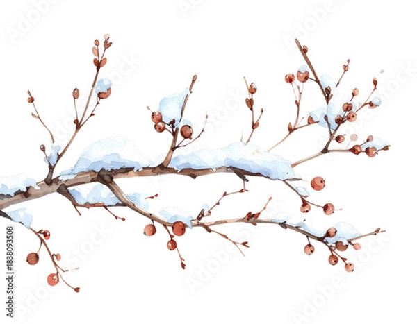 Obraz 雪の積もった木の枝　水彩イラスト